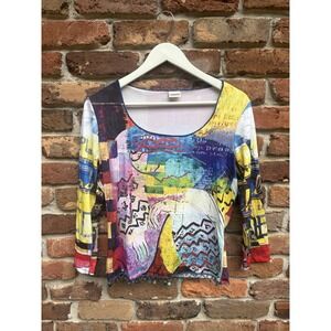 Love‎ Amour  Multicolor Blouse Abstract colorful print 3/4 sleeves size 3 Small